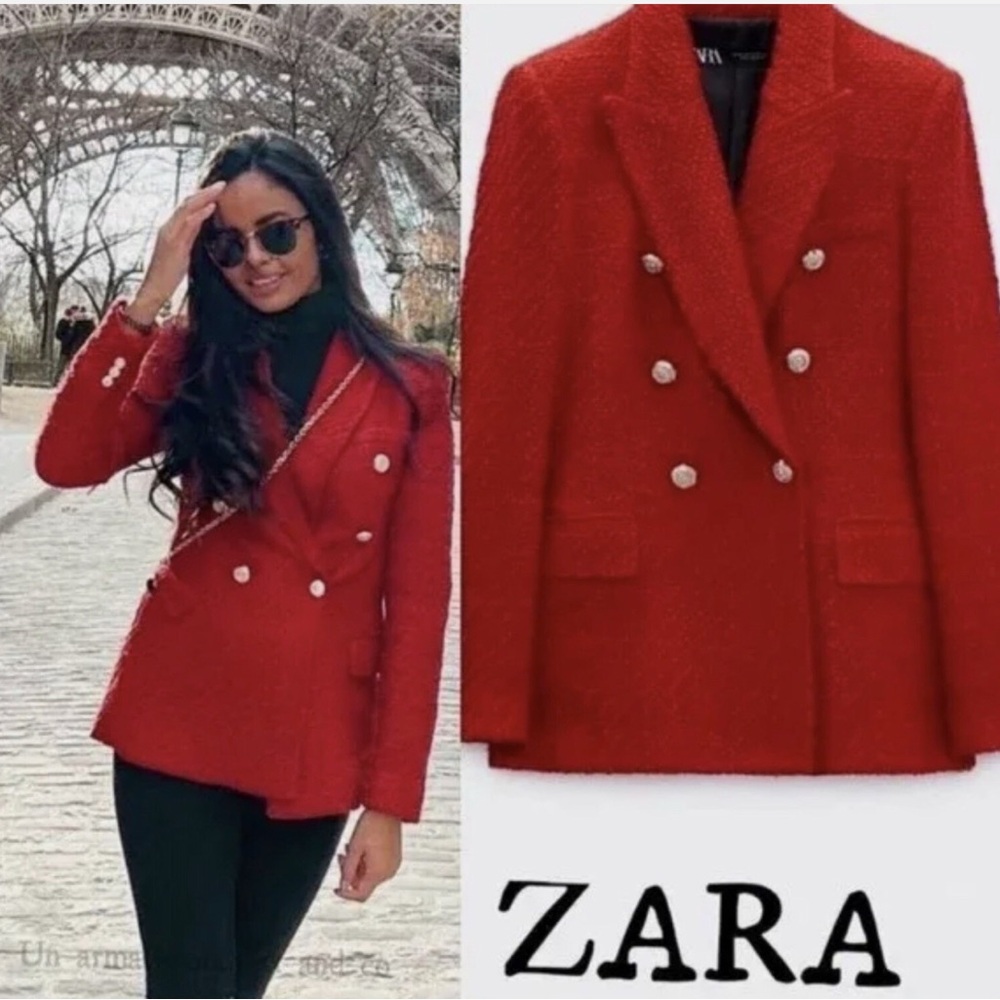 ZARA Women's Red Double-Breasted Jacket